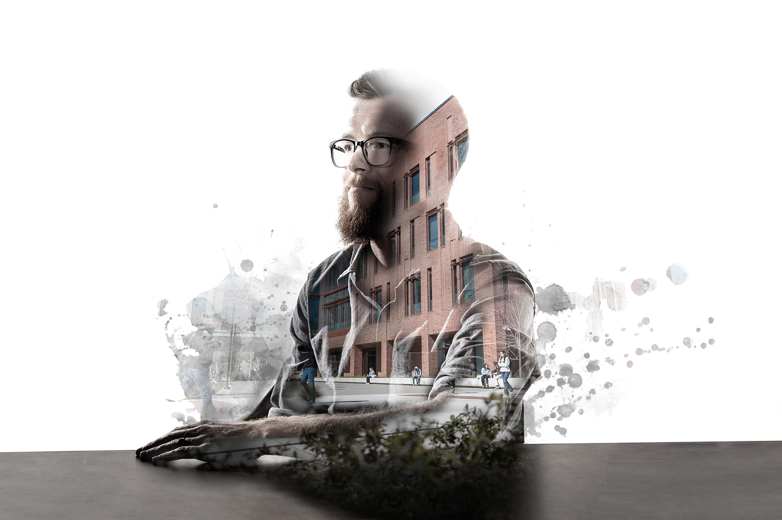 double exposure of professor and campus building