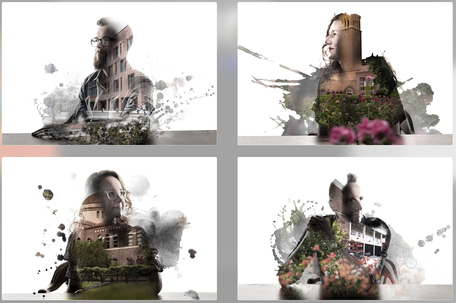 four professors in double exposures with campus scenery