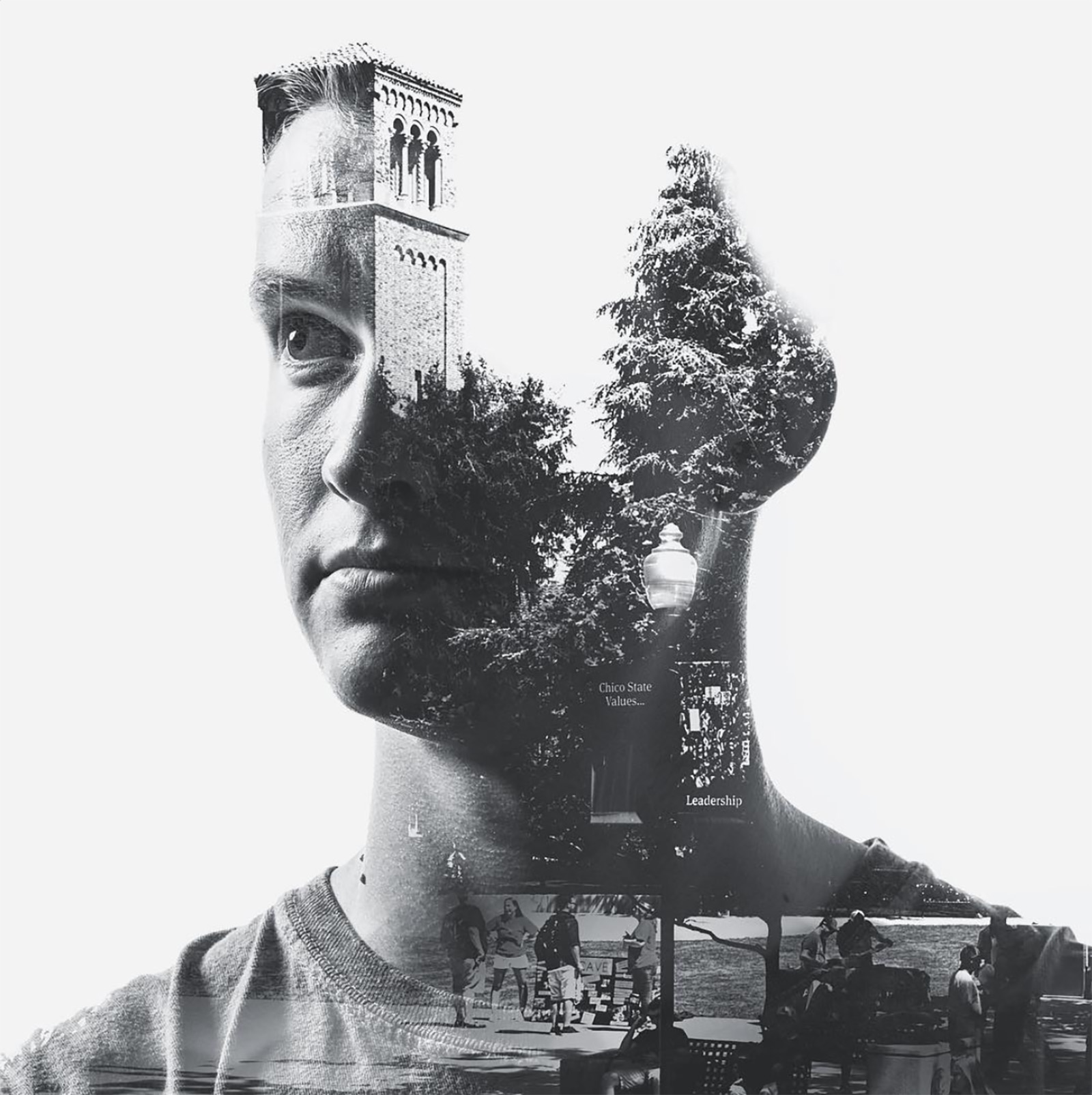 double exposure of person and campus scene